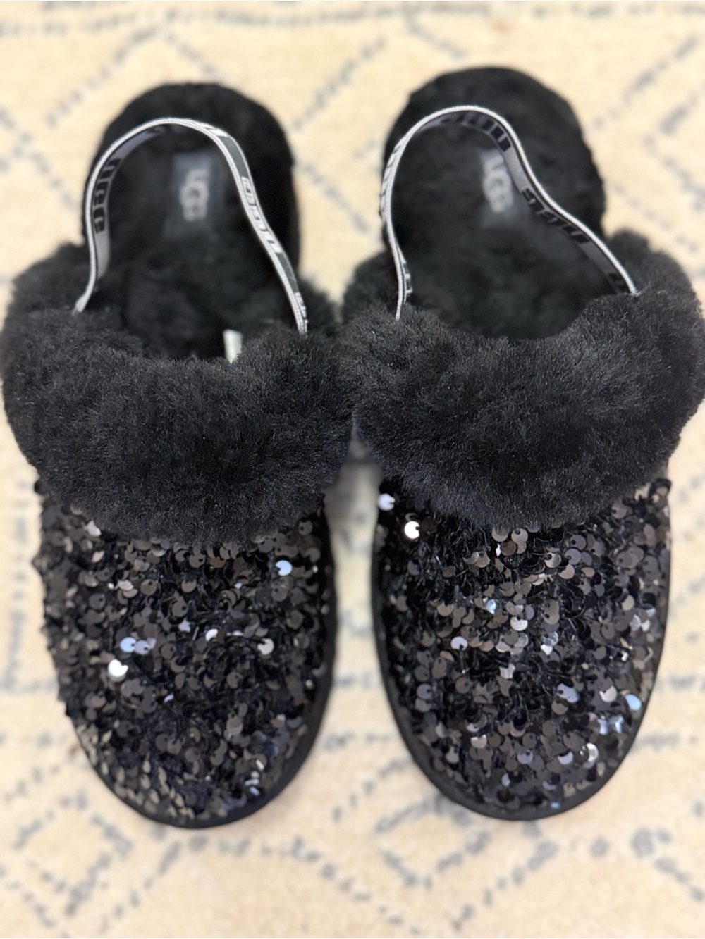 UGG Black Sequin Plush Backstrap Clog Slippers